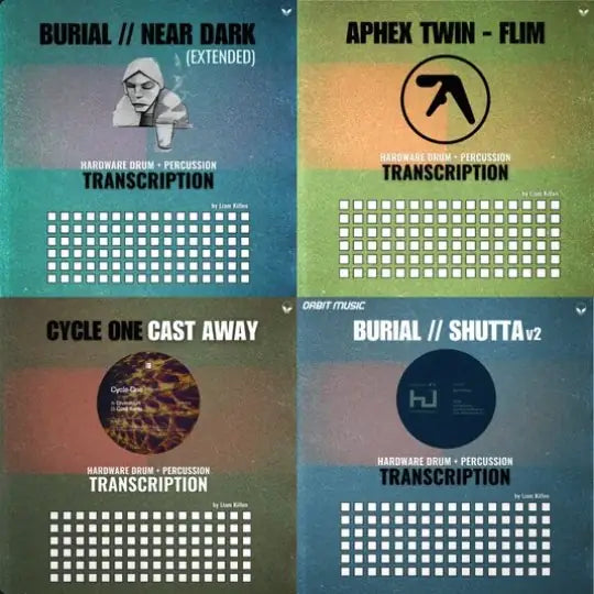 Drum sequencer transcription covers for Burial, Aphex Twin, Cycle One, and Burial with Shutta